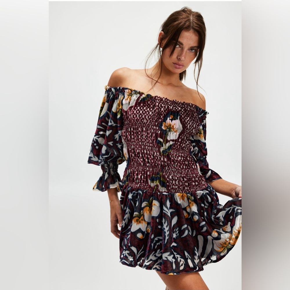 New Free People Bali Aveline Velvet Mini Dress - Brown Combo